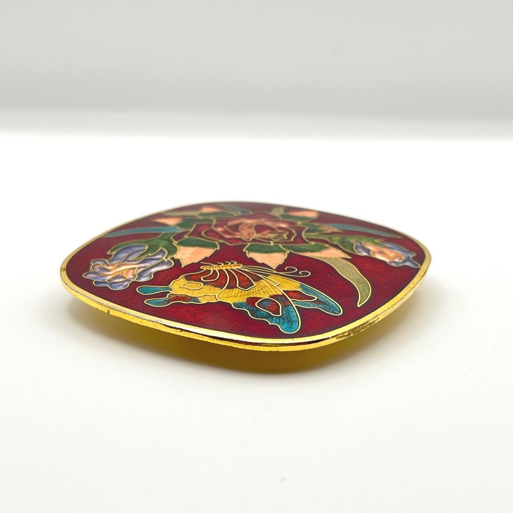 Vintage Red Cloisonne Enamel Floral Butterfly Scarf Clip Gold Tone Square Rose - Picture 3 of 7